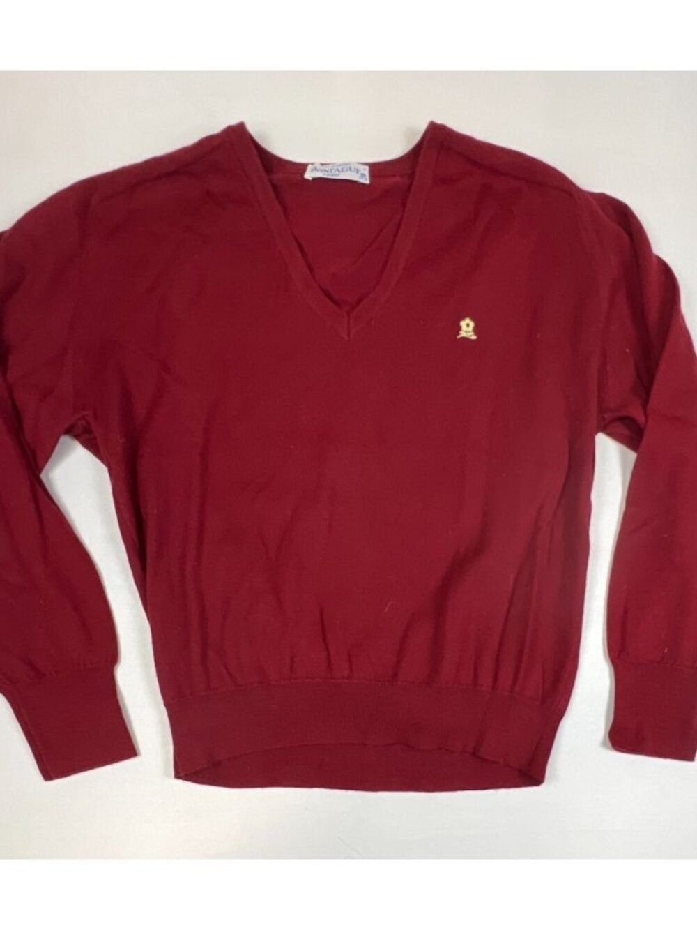 Vintage Montagut Men L Made in France Red V-Neck Sweater Fil Lumiere Knit